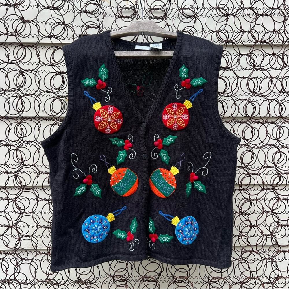 Vintage Ugly Christmas Ornaments Baubles Sweater Vest Bobbie Brooks XL